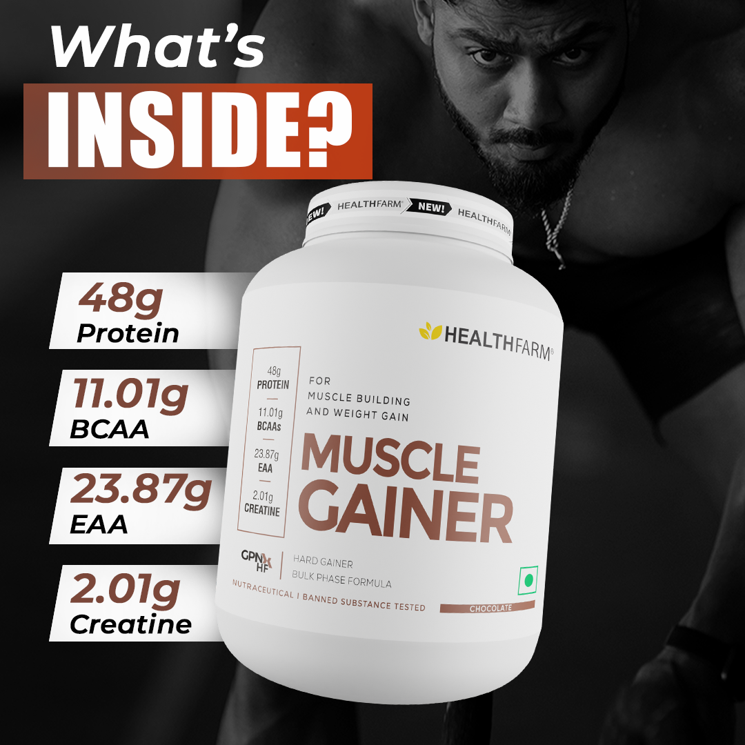 Healthfarm Muscle Gainer (3kg) + Intra BCAA + Creatine (100g) + Free Shaker