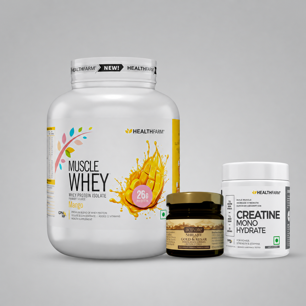 Healthfarm Muscle whey 2kg + Creatine 100g + Shialjit gold & kesar