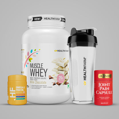 Healthfarm Muscle Whey (1kg) + Joint Pain Capsule + Fish Oil + Free Shaker