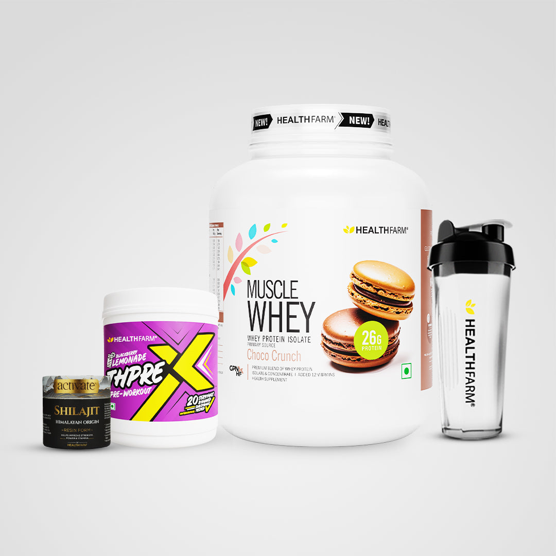 Healthfarm Muscle Whey (2Kg) + Shilajit (20g) + Thprex + Free Shaker