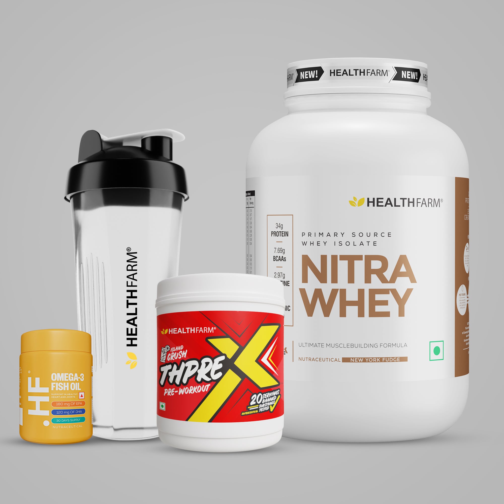 Healthfarm Nitra Whey (1Kg) + Thprex  + Fish Oil + Shaker