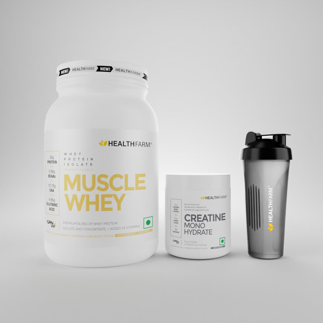 Healthfarm Muscle Whey (1Kg) + Creatine (100g) + Free Shaker - Healthfarm Nutrition