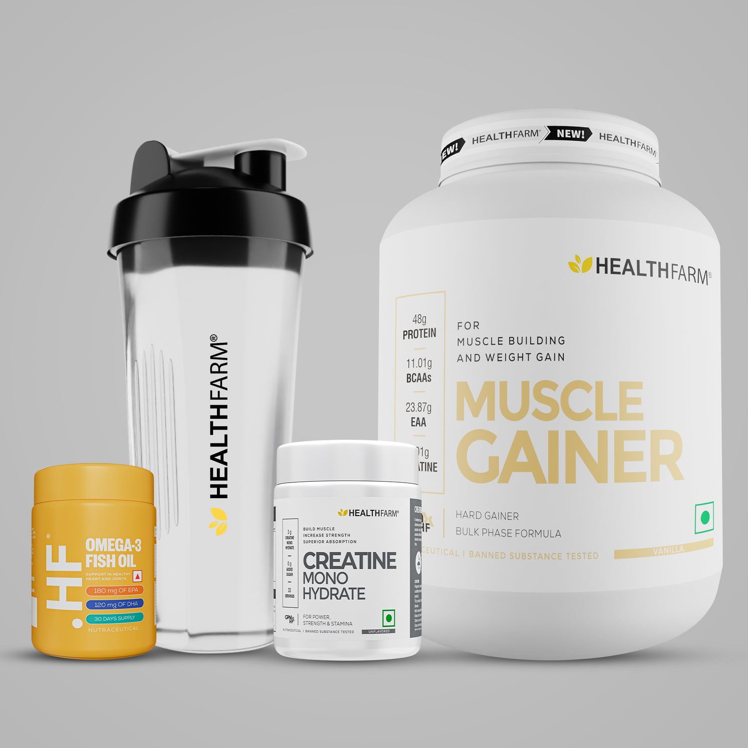 Healthfarm Muscle Gainer (3kg) + Intra BCAA + Fish Oil + Free Shaker