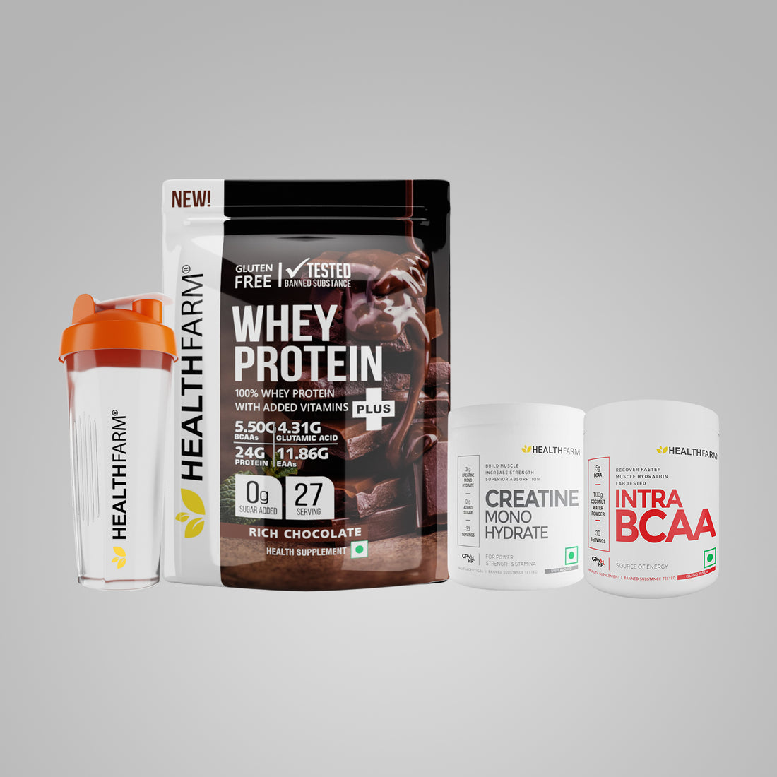 Healthfarm Whey Protein Plus (1Kg) + Intra BCAA + Creatine (100g) + Free Shaker