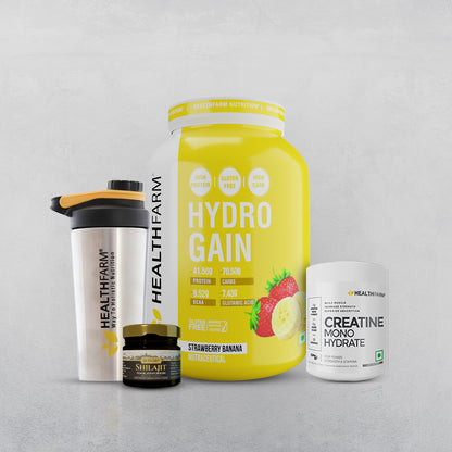 Healthfarm Hydro Gain (3Kg) + Shilajit (20g) + Creatine (100g) + Free Steel Shaker