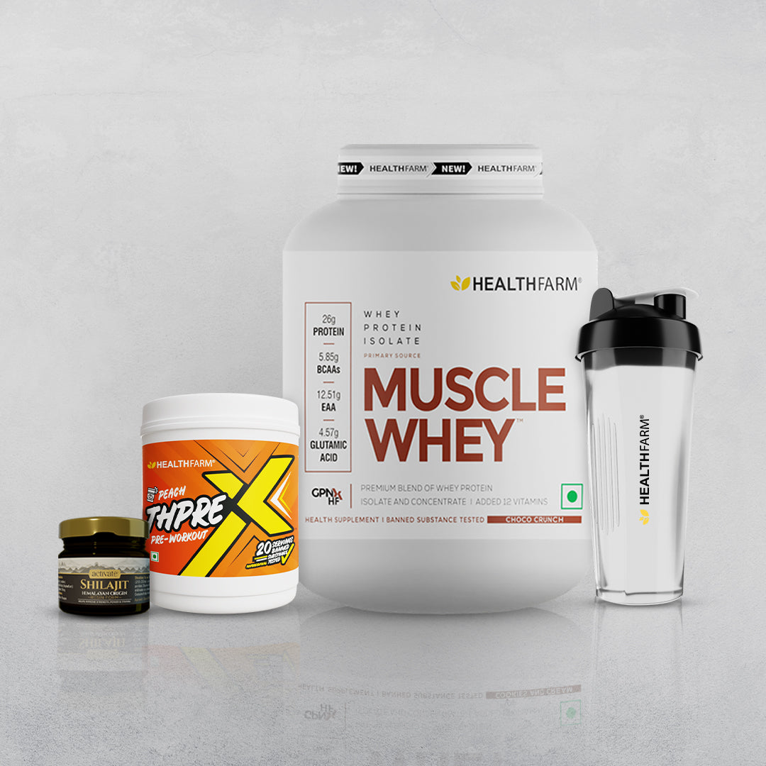 Healthfarm Muscle Whey (2Kg) + Shilajit (20g) + Thprex + Free Shaker