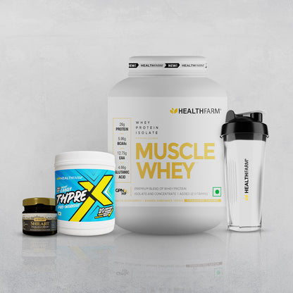 Healthfarm Muscle Whey (2Kg) + Shilajit (20g) + Thprex + Free Shaker