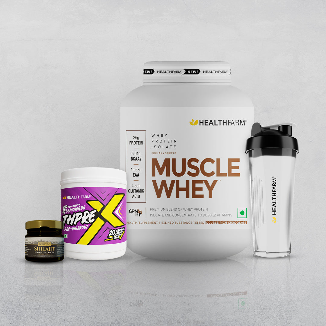 Healthfarm Muscle Whey (2Kg) + Shilajit (20g) + Thprex + Free Shaker