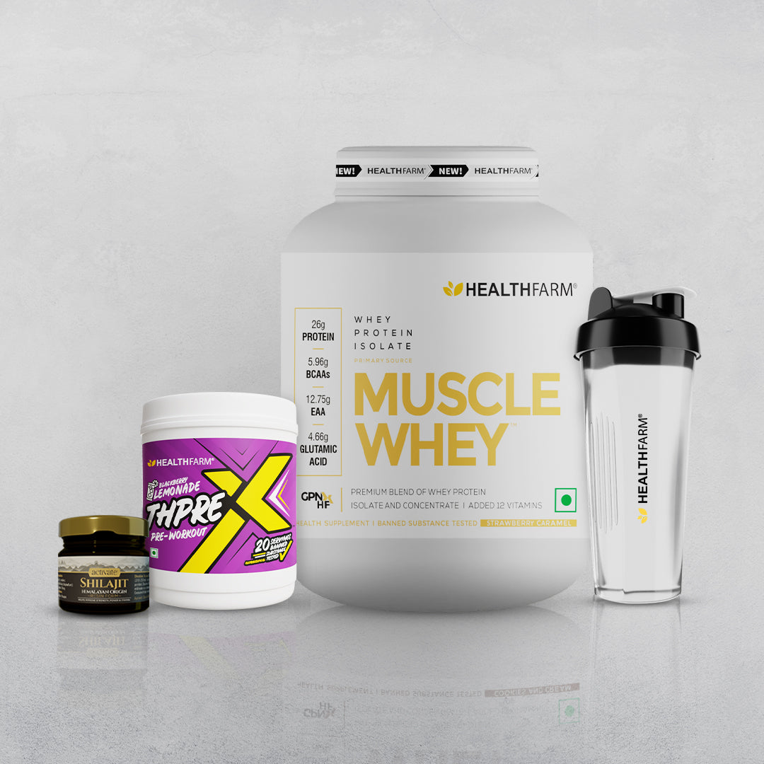 Healthfarm Muscle Whey (2Kg) + Shilajit (20g) + Thprex + Free Shaker