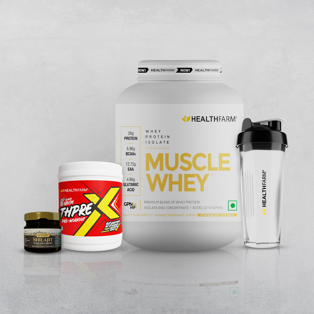 Healthfarm Muscle Whey (2Kg) + Shilajit (20g) + Thprex + Free Shaker