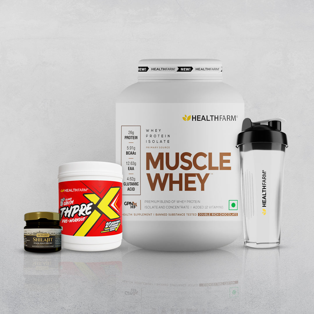 Healthfarm Muscle Whey (2Kg) + Shilajit (20g) + Thprex + Free Shaker