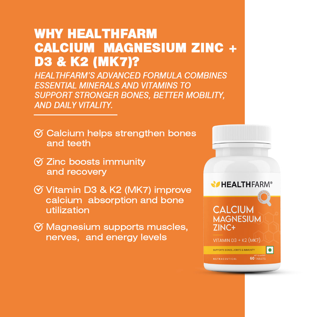 Healthfarm Calcium Magnesium Zinc+ with Vitamin D3 & K2 (MK7) | 60 Tab