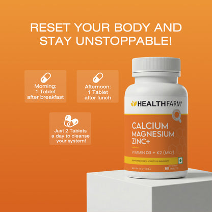 Healthfarm Calcium Magnesium Zinc+ with Vitamin D3 & K2 (MK7) | 60 Tab