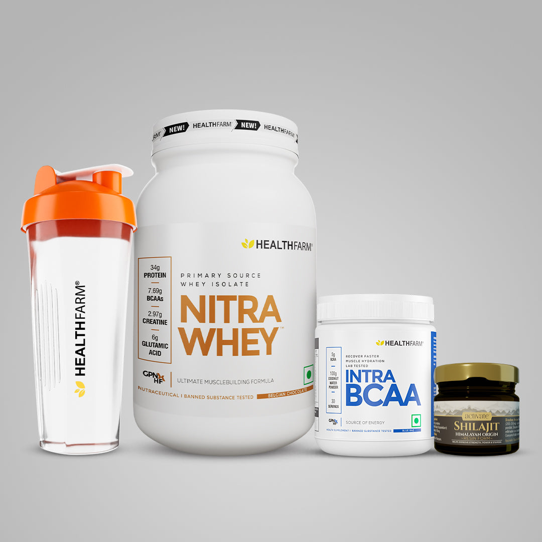 Healthfarm Nitra Whey (1kg) + Intra BCAA + Shilajit (20g) + Free Shaker