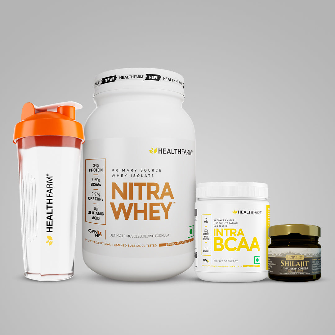 Healthfarm Nitra Whey (1kg) + Intra BCAA + Shilajit (20g) + Free Shaker