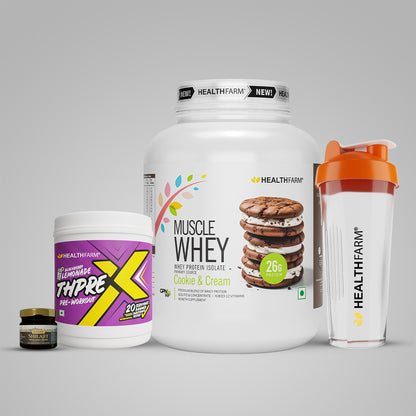 Healthfarm Muscle Whey (2Kg) + Shilajit (20g) + Thprex + Free Shaker