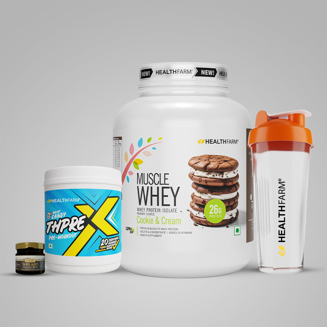 Healthfarm Muscle Whey (2Kg) + Shilajit (20g) + Thprex + Free Shaker