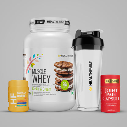 Healthfarm Muscle Whey (1kg) + Joint Pain Capsule + Fish Oil + Free Shaker