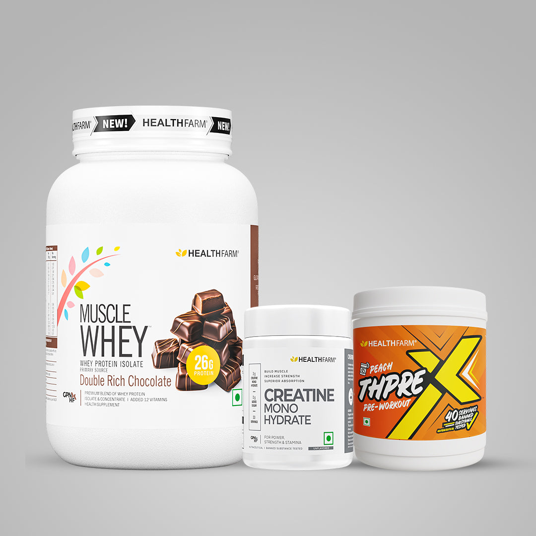 Healthfarm Muscle Whey (1Kg) + Creatine (100g) + ThPreX Pre-workout Bundle