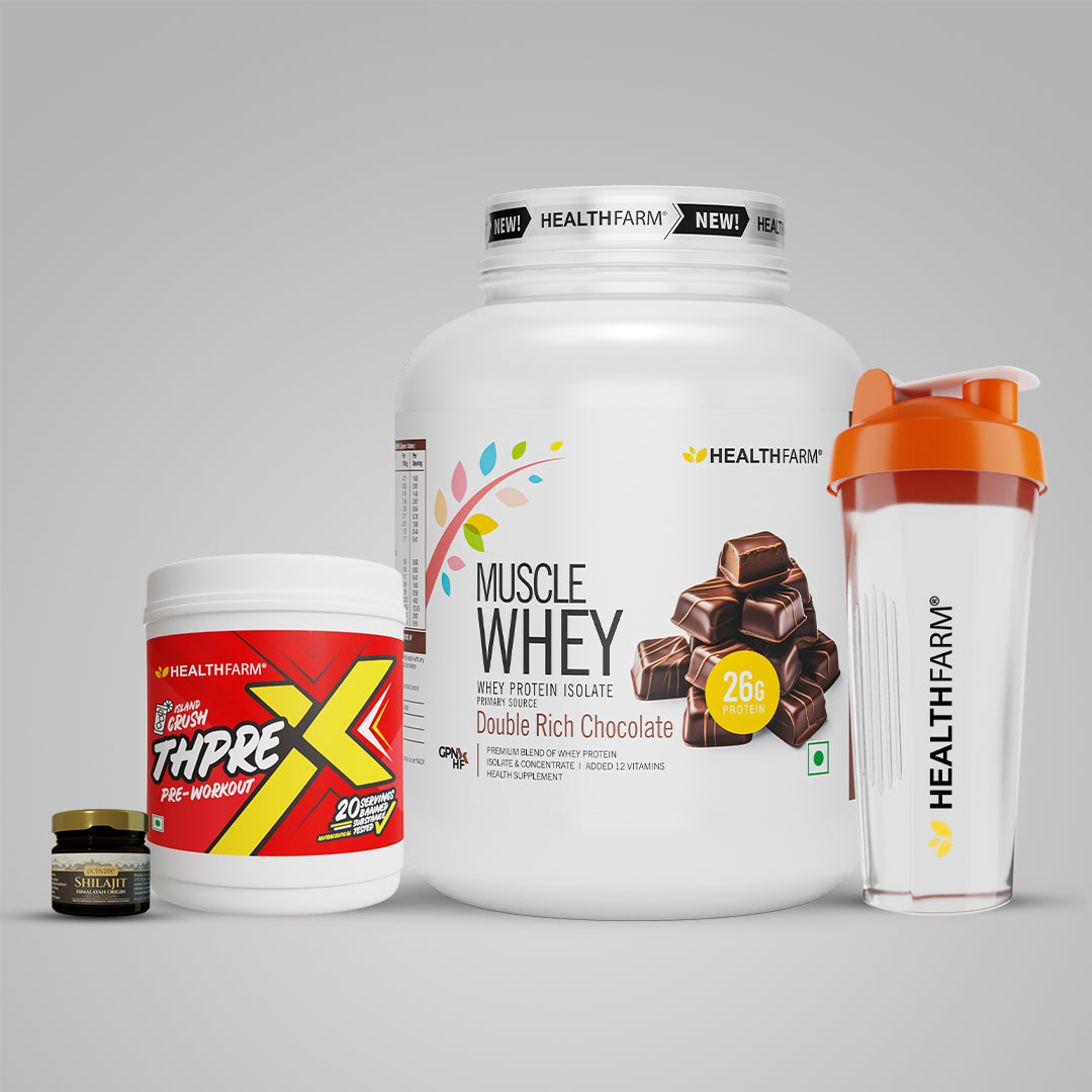 Healthfarm Muscle Whey (2Kg) + Shilajit (20g) + Thprex + Free Shaker