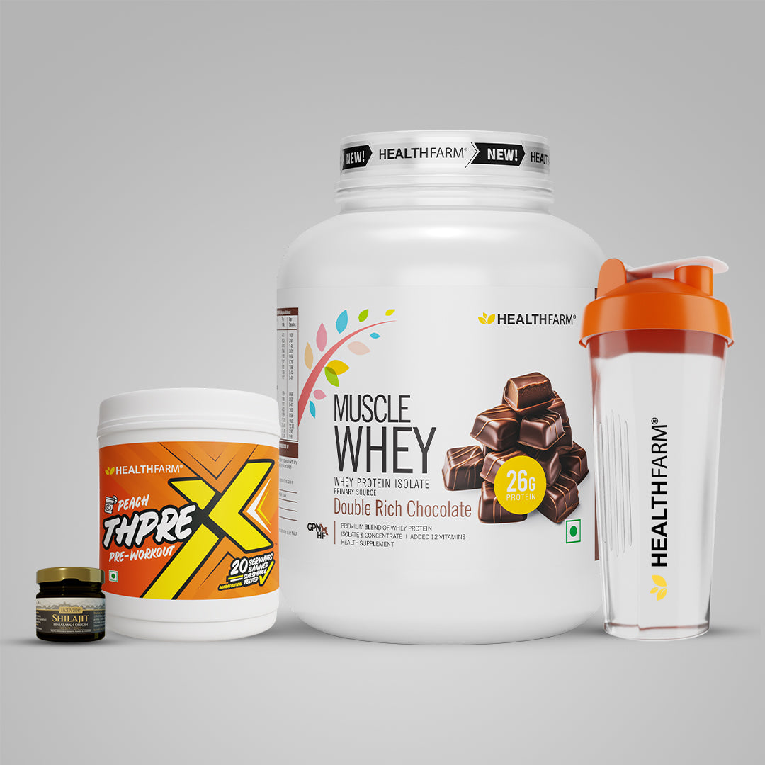 Healthfarm Muscle Whey (2Kg) + Shilajit (20g) + Thprex + Free Shaker