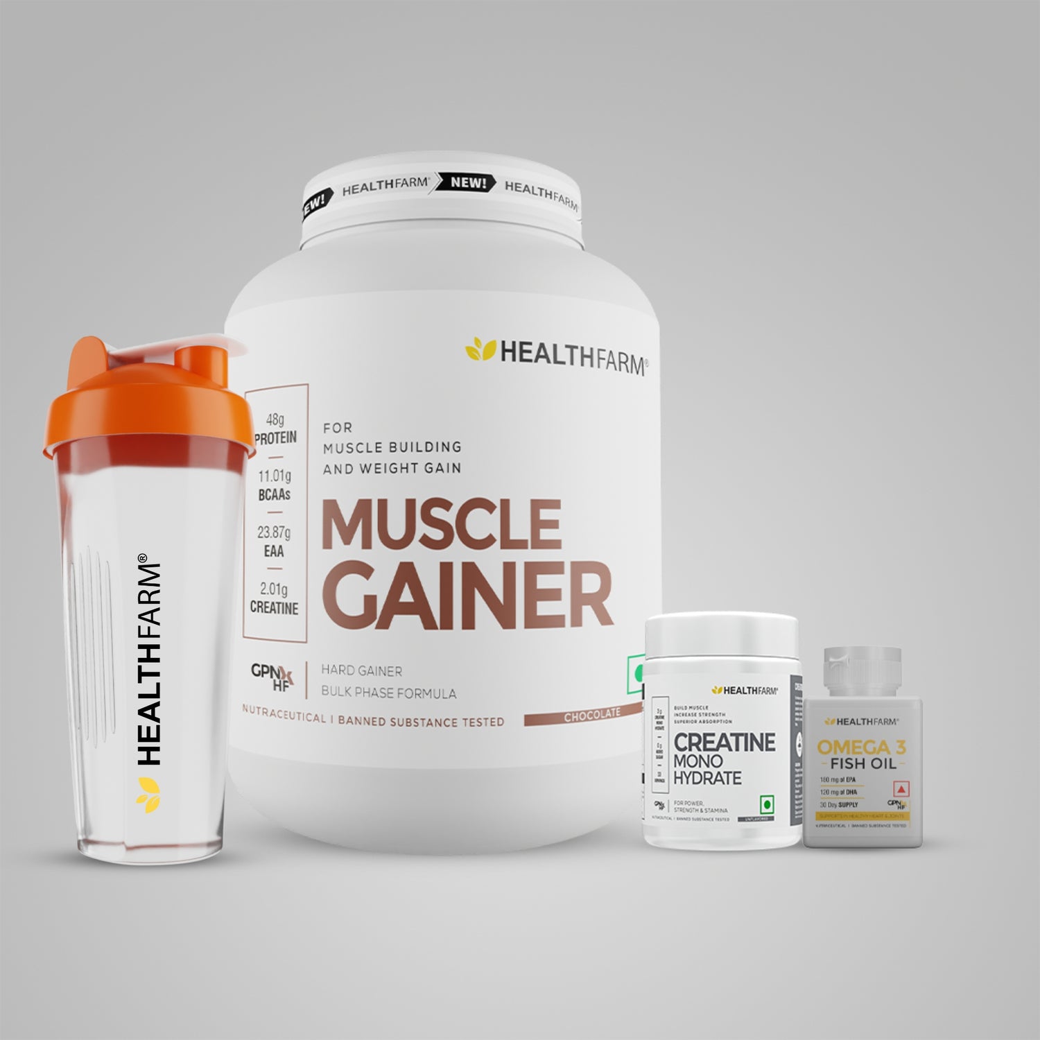 Healthfarm Muscle Gainer + Omega 3 Fish Oil + Creatine 100g Combo