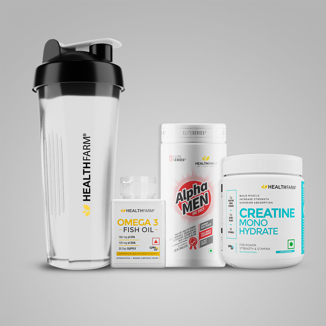 Healthfarm Creatine (250g) + Fish Oil + Alpha Men + Free Shaker