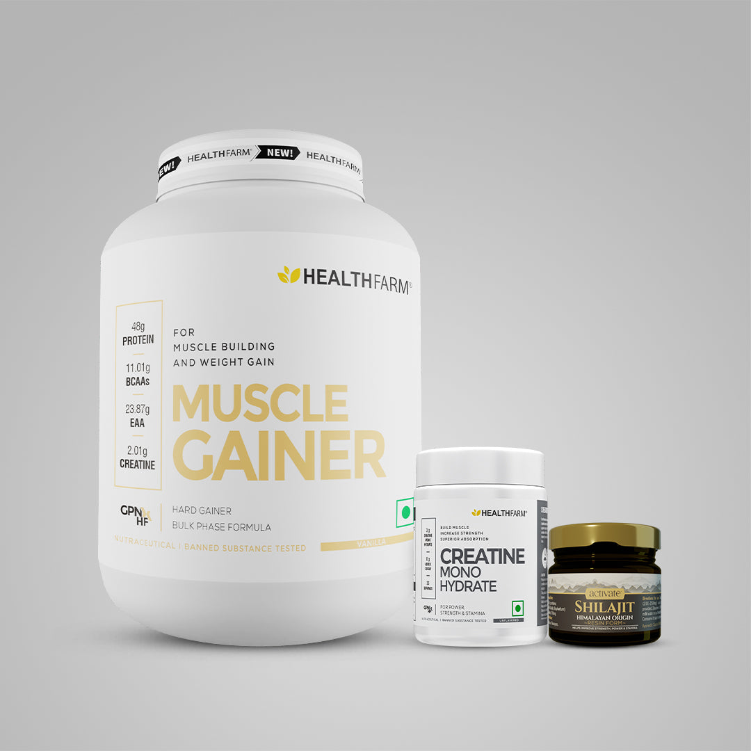 Healthfarm Muscle Gainer (3kg) + Creatine (100g) + Shilajit (10g)