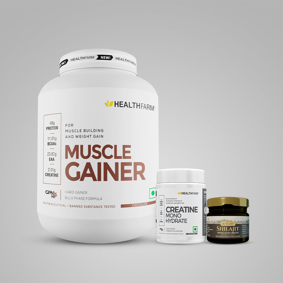 Healthfarm Muscle Gainer (3kg) + Creatine (100g) + Shilajit (10g)