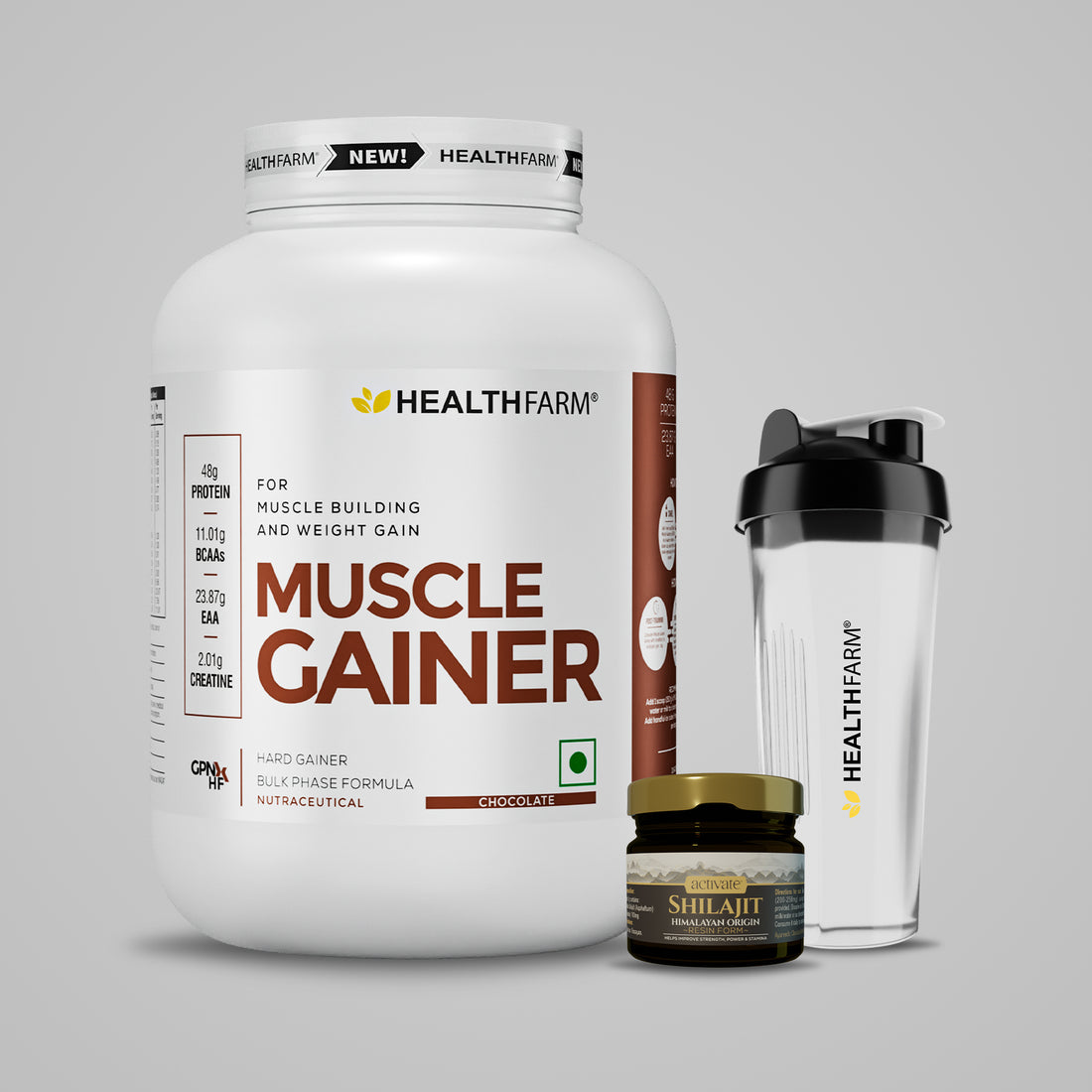 Healthfarm Muscle Gainer (3Kg) + Shilajit (10g) + Shaker