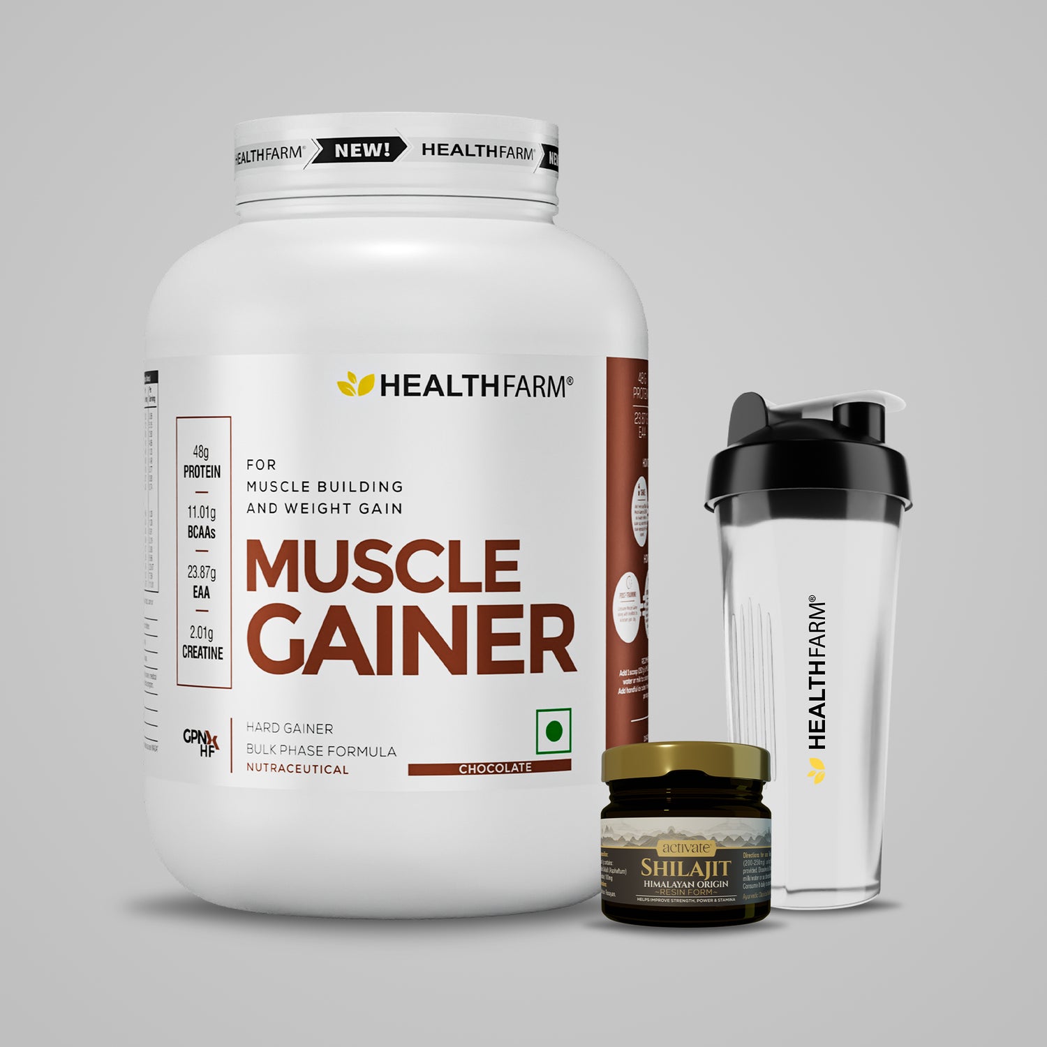 Healthfarm Muscle Gainer (3Kg) + Shilajit (10g) + Shaker