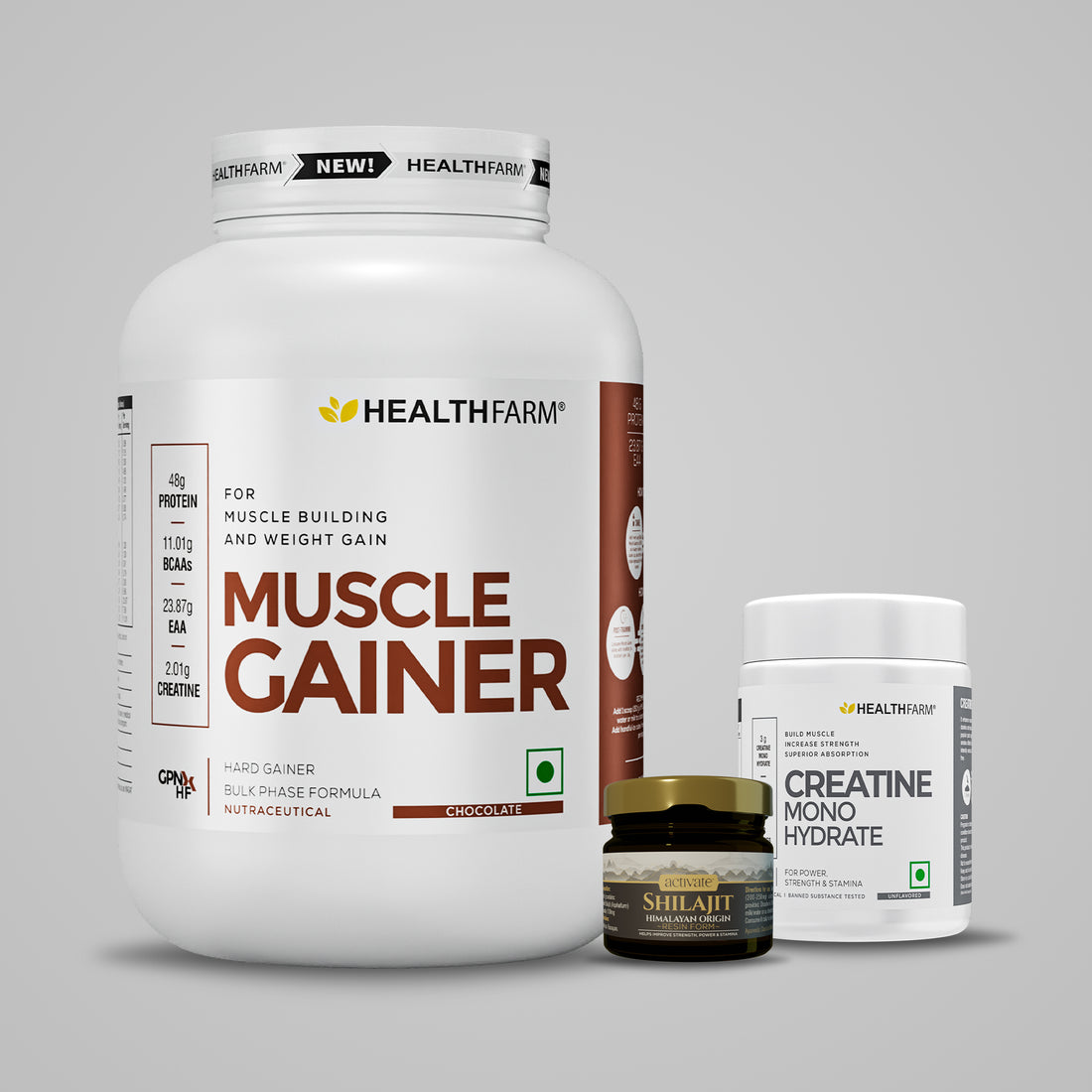 Healthfarm Muscle Gainer (3kg) + Creatine (100g) + Shilajit (20g)