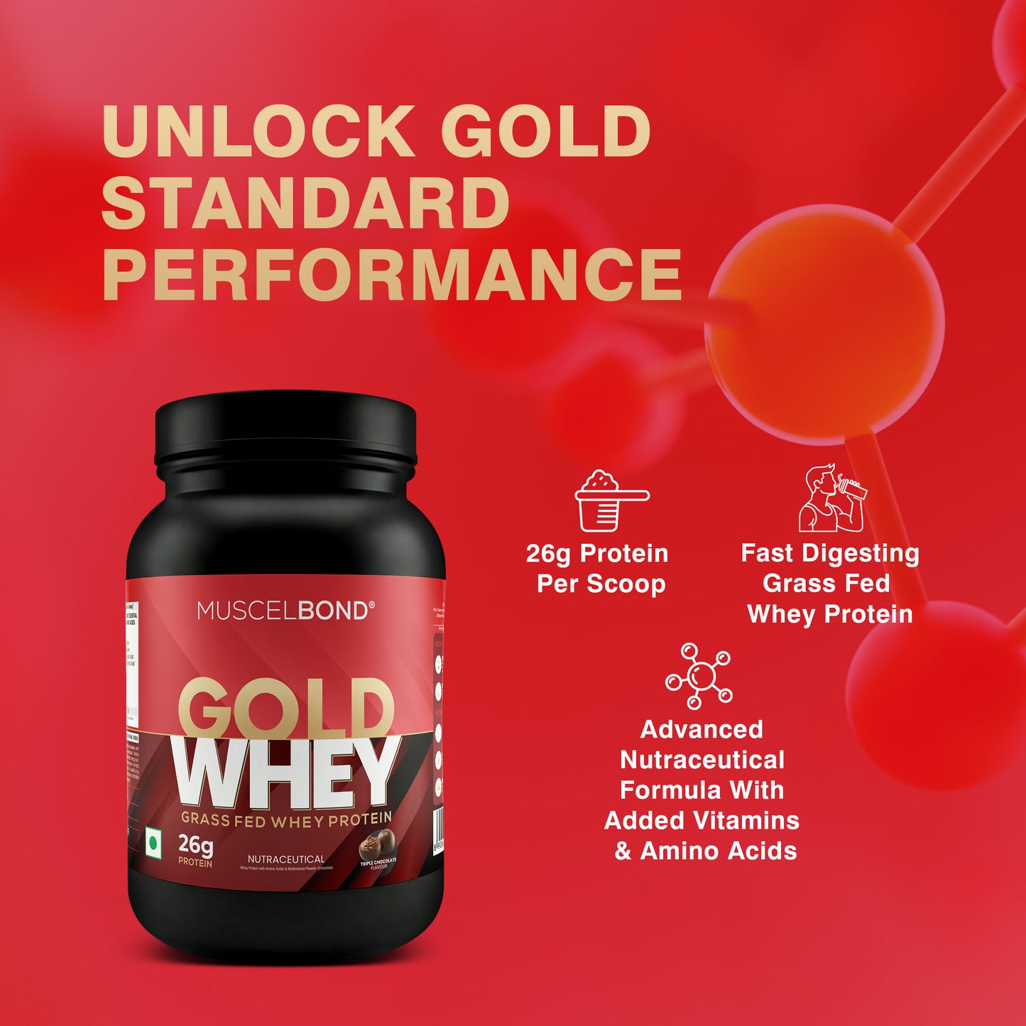 MuscelBond Gold Whey – Grass Fed Whey Protein | 26g Protein per Serving