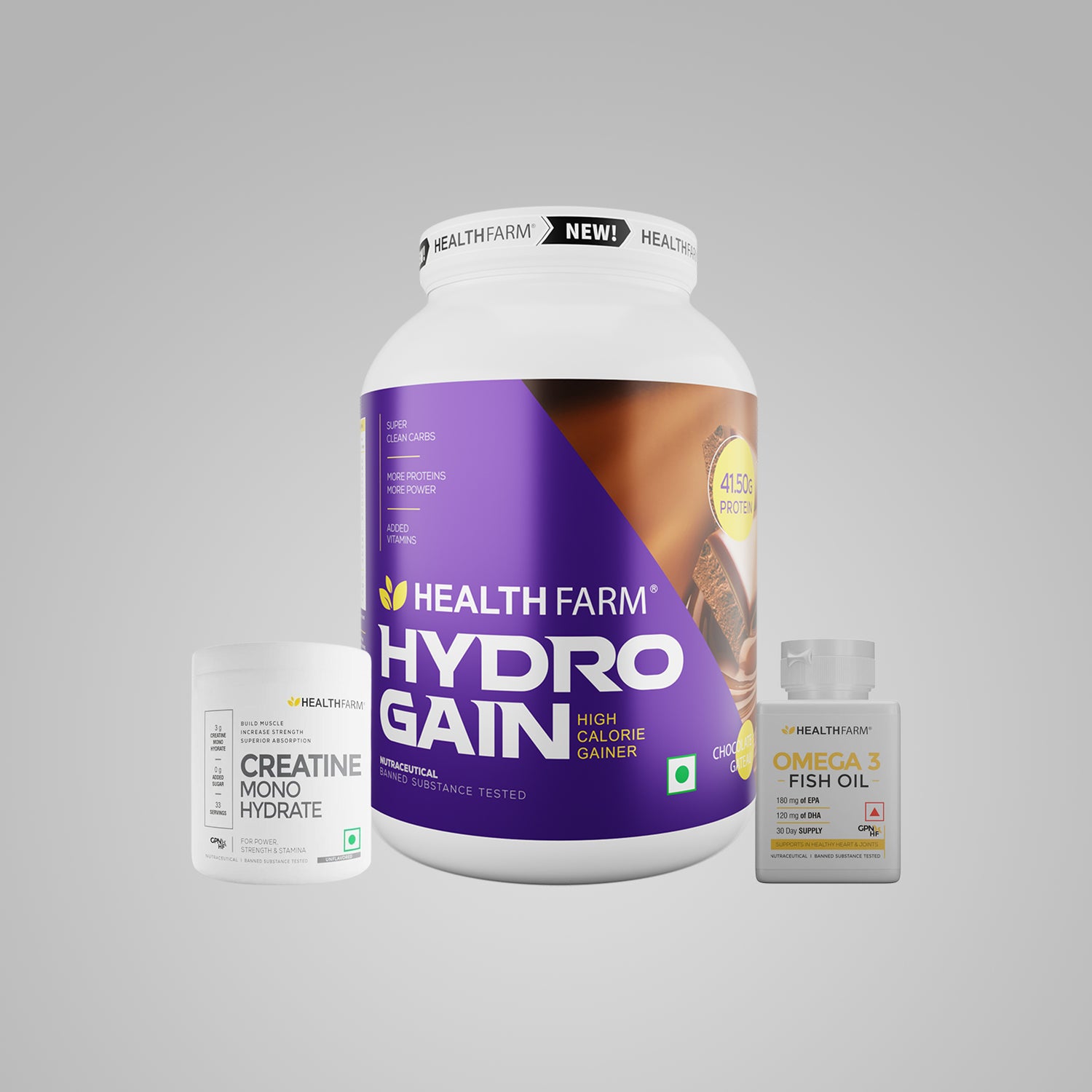 Healthfarm Hydro Gain (3Kg) + Fish Oil + Creatine (100G)