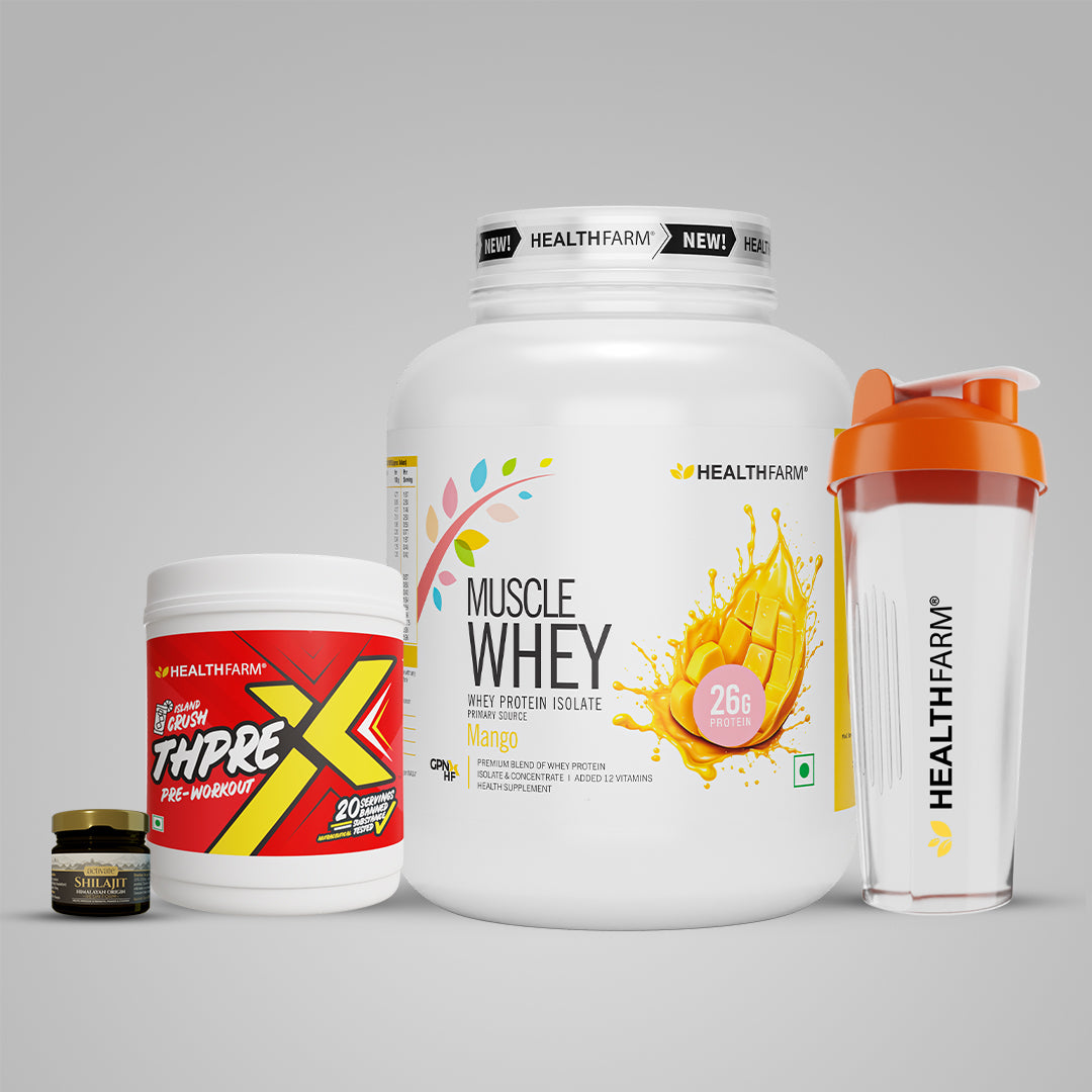 Healthfarm Muscle Whey (2Kg) + Shilajit (20g) + Thprex + Free Shaker