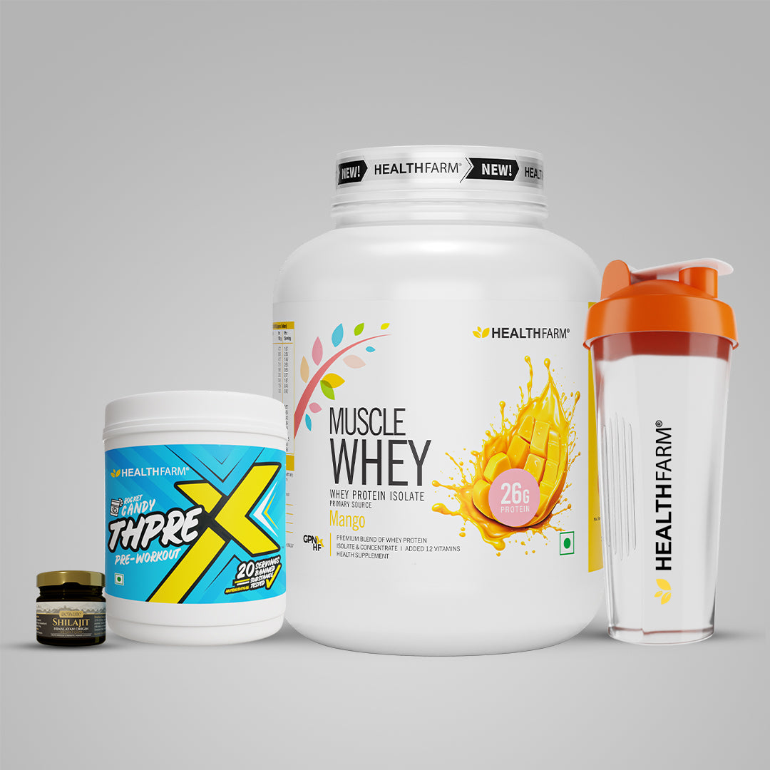 Healthfarm Muscle Whey (2Kg) + Shilajit (20g) + Thprex + Free Shaker