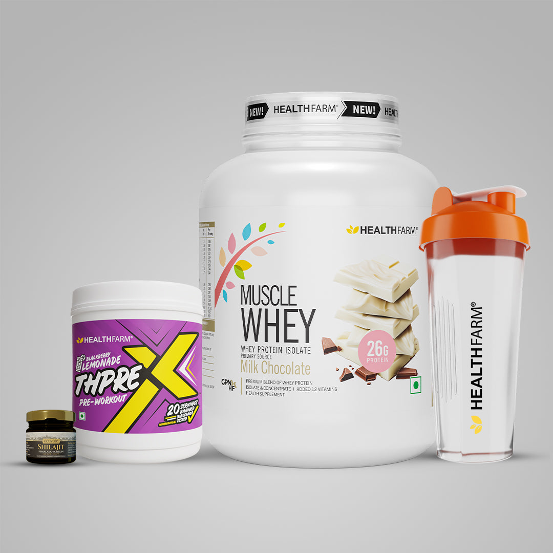 Healthfarm Muscle Whey (2Kg) + Shilajit (20g) + Thprex + Free Shaker