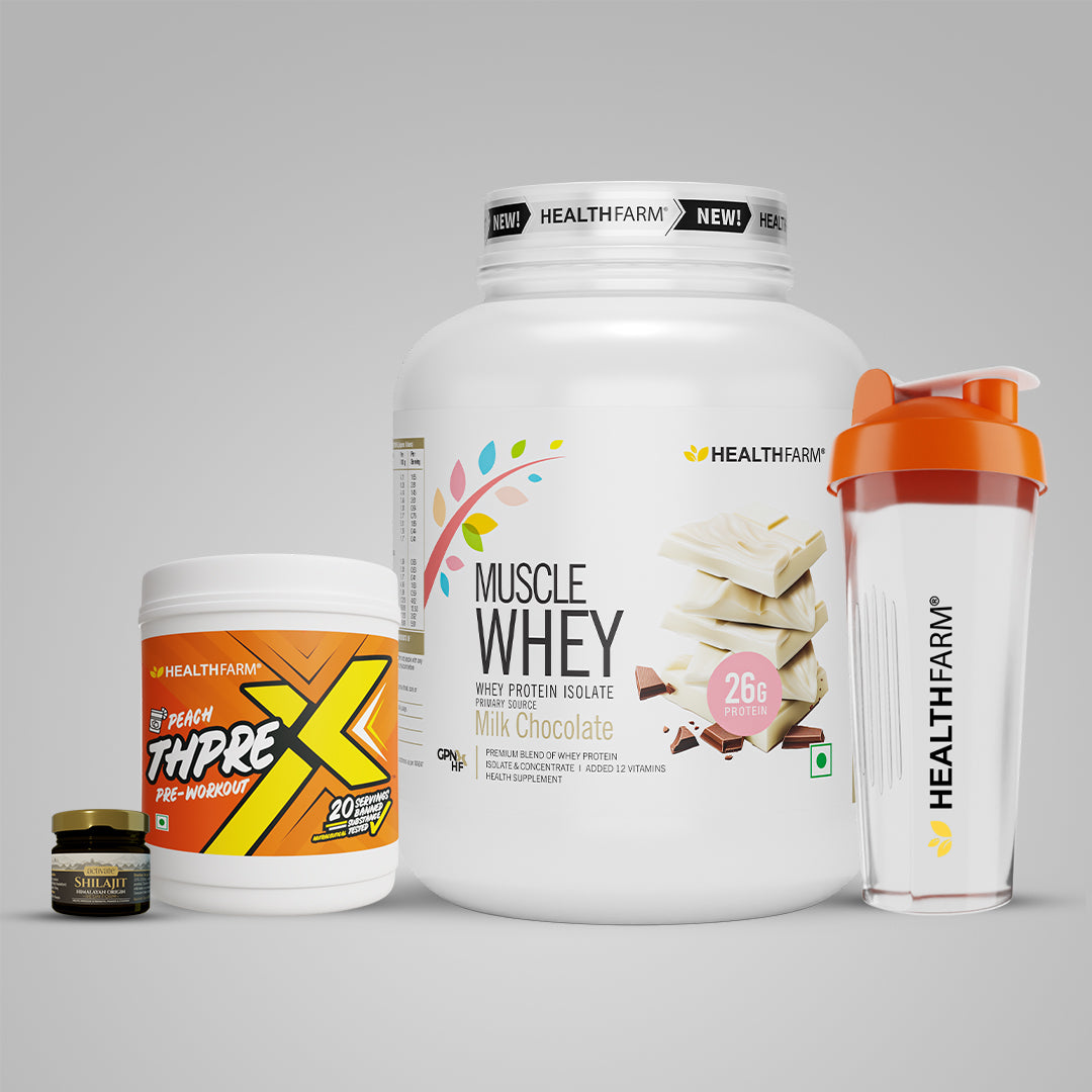 Healthfarm Muscle Whey (2Kg) + Shilajit (20g) + Thprex + Free Shaker