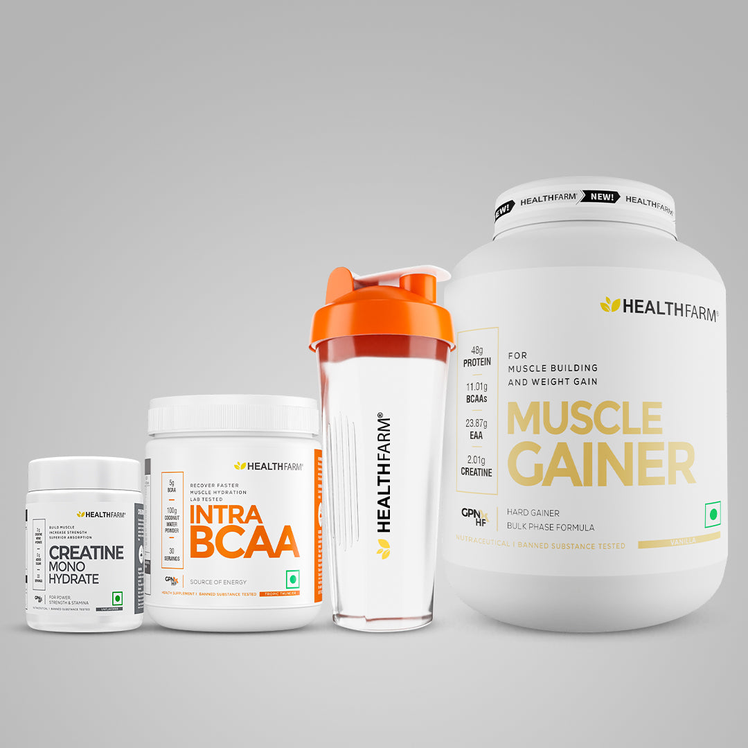 Healthfarm Muscle Gainer (3kg) + Intra BCAA + Creatine (100g) + Free Shaker