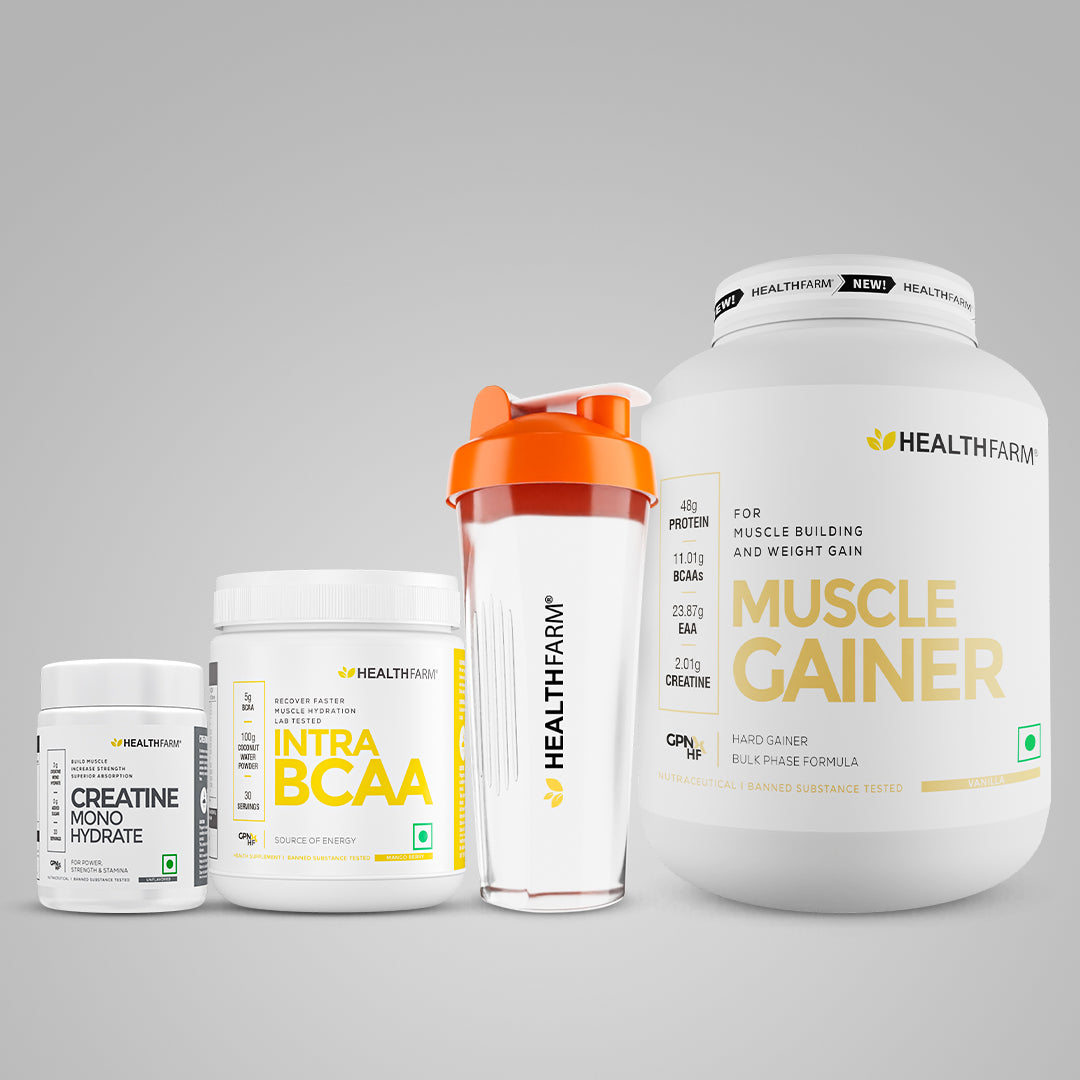 Healthfarm Muscle Gainer (3kg) + Intra BCAA + Creatine (100g) + Free Shaker