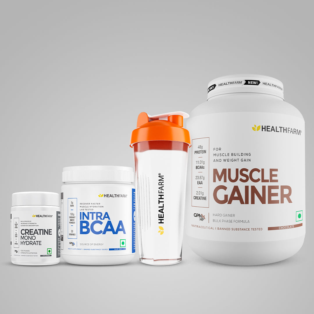 Healthfarm Muscle Gainer (3kg) + Intra BCAA + Creatine (50g) + Free Shaker