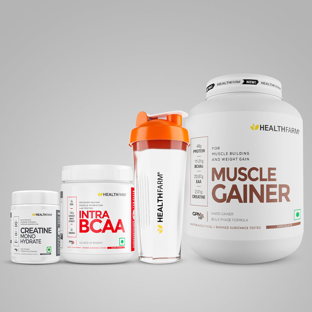 Healthfarm Muscle Gainer (3kg) + Intra BCAA + Creatine (100g) + Free Shaker