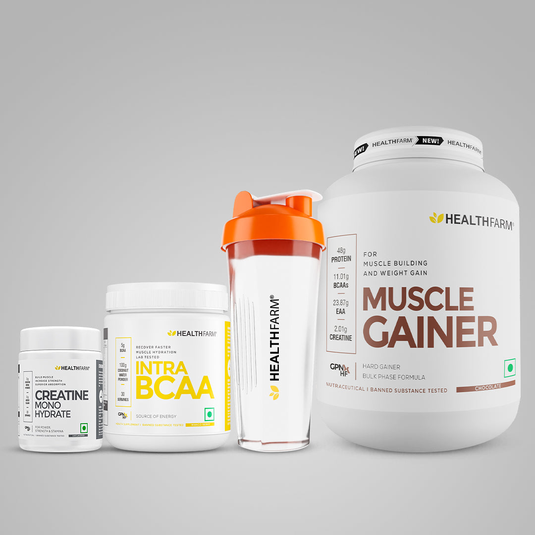 Healthfarm Muscle Gainer (3kg) + Intra BCAA + Creatine (100g) + Free Shaker