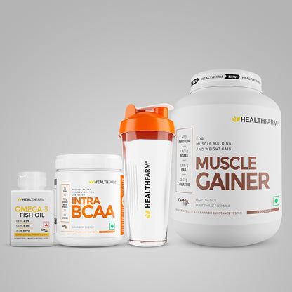 Healthfarm Muscle Gainer (3kg) + Intra BCAA + Fish Oil + Free Shaker