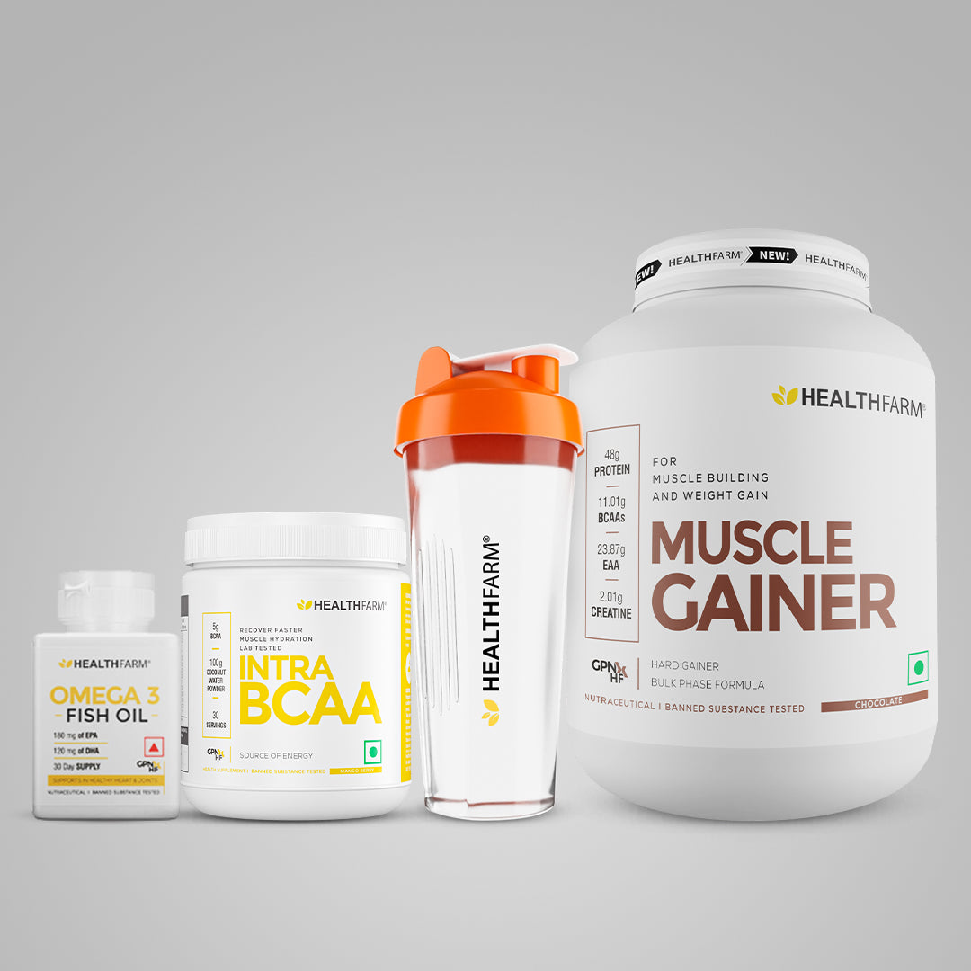 Healthfarm Muscle Gainer (3kg) + Intra BCAA + Fish Oil + Free Shaker