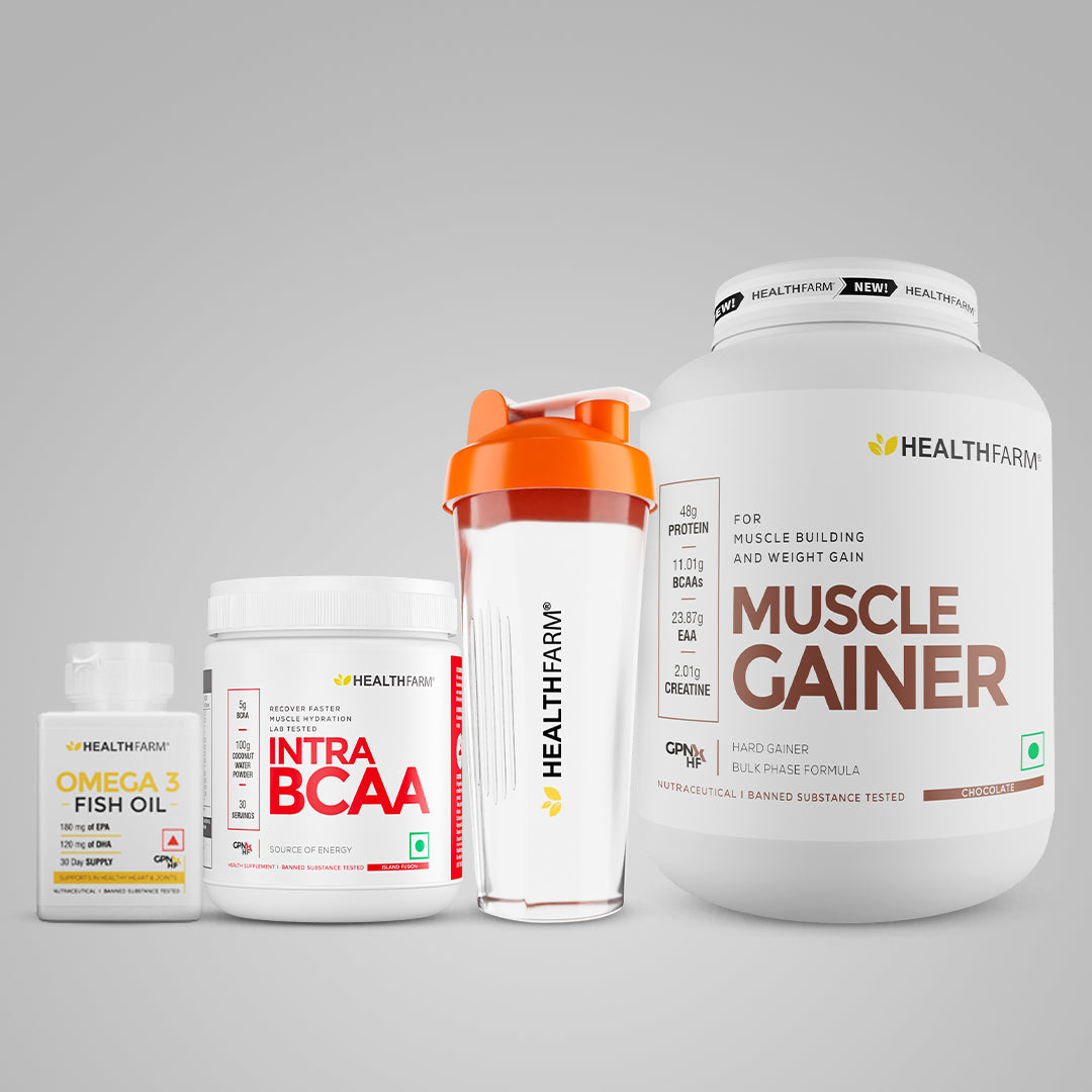 Healthfarm Muscle Gainer (3kg) + Intra BCAA + Fish Oil + Free Shaker