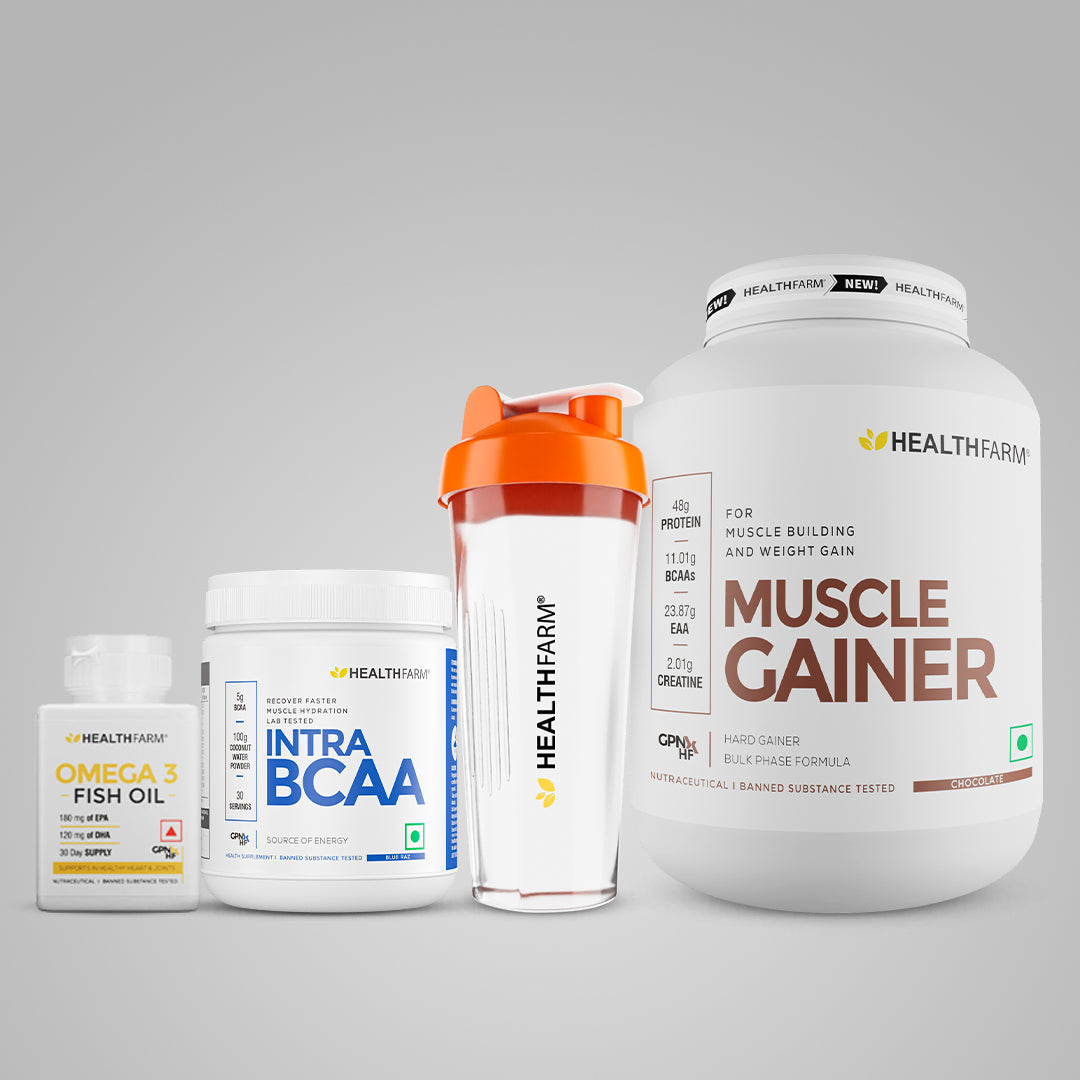 Healthfarm Muscle Gainer (3kg) + Intra BCAA + Fish Oil + Free Shaker