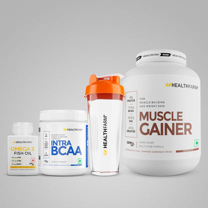 Healthfarm Muscle Gainer (3kg) + Intra BCAA + Fish Oil + Free Shaker