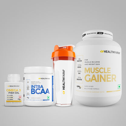 Healthfarm Muscle Gainer (3kg) + Intra BCAA + Fish Oil + Free Shaker