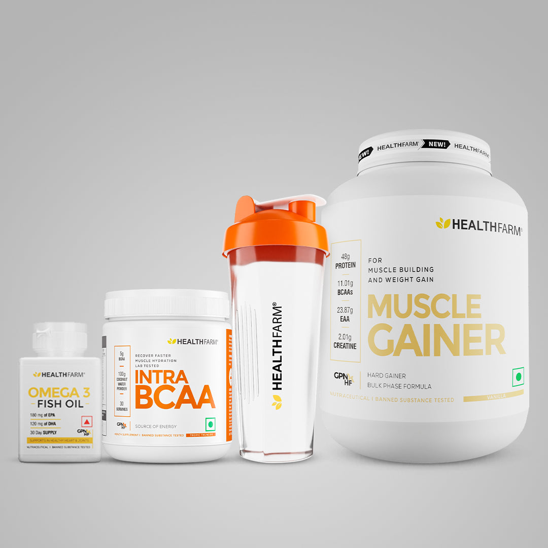 Healthfarm Muscle Gainer (3kg) + Intra BCAA + Fish Oil + Free Shaker